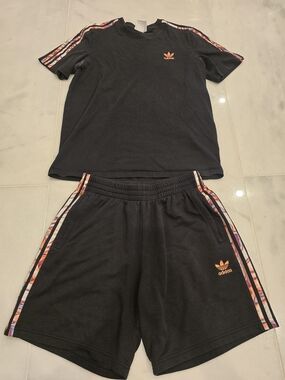 adidas Black T-Shirt & Shorts Set with Orange Logo and Floral Stripe